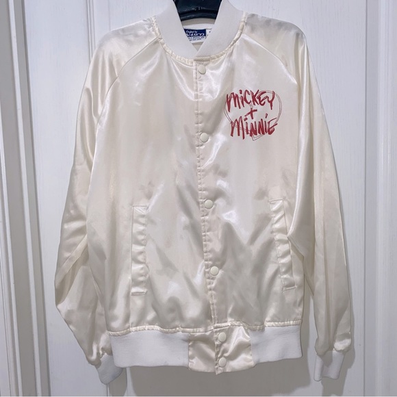 Vtg Kids 16 or Ladies Small White satin bomber Jacket Disney Mickey Minnie Mouse - Picture 1 of 12